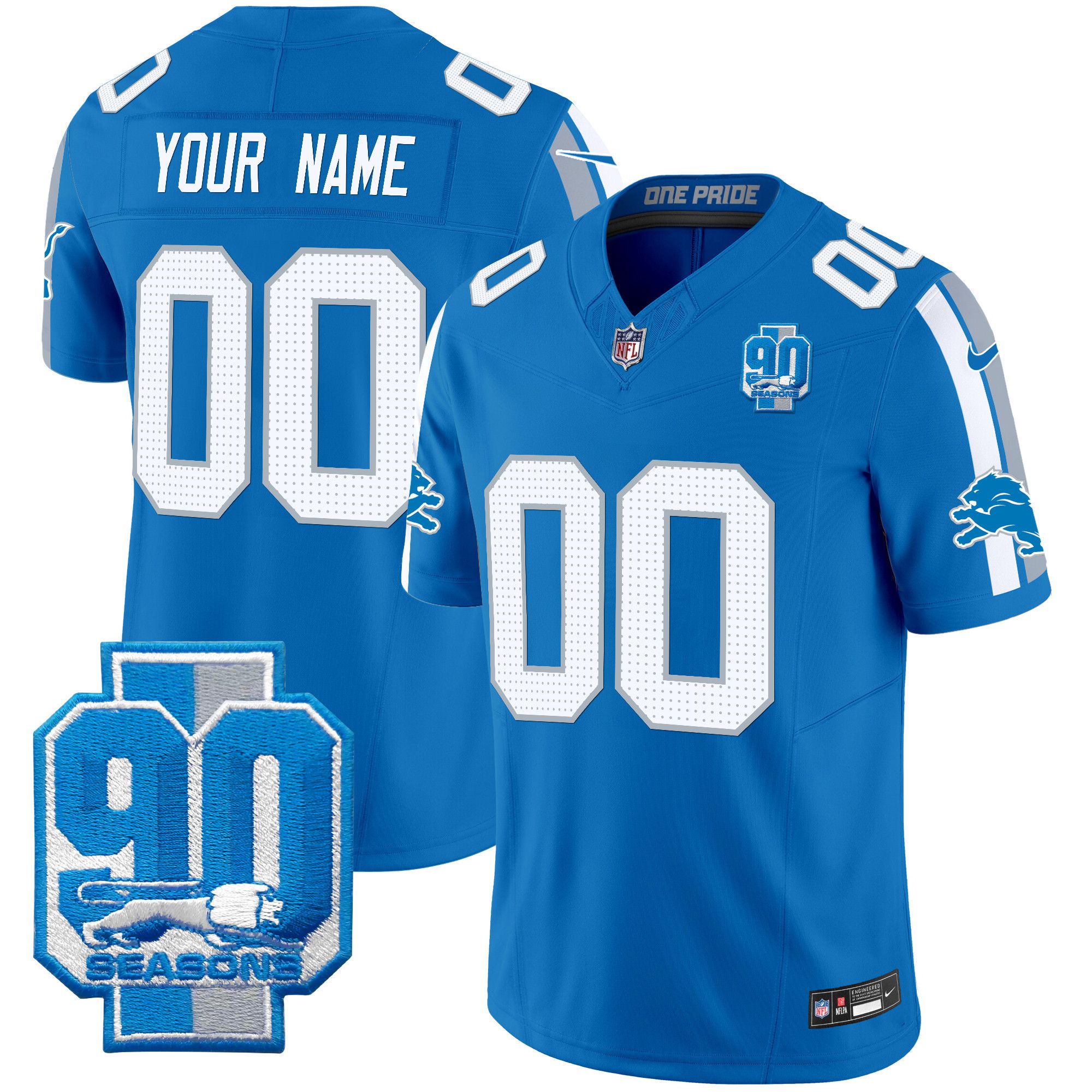 Men Detroit Lions Blue 2024 Nike 90th Year Patch Vapor Limited Custom NFL Jersey